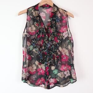 Ralph Lauren Size 10 Ruffled Sleeveless Blouse Sheer Floral Black Pink